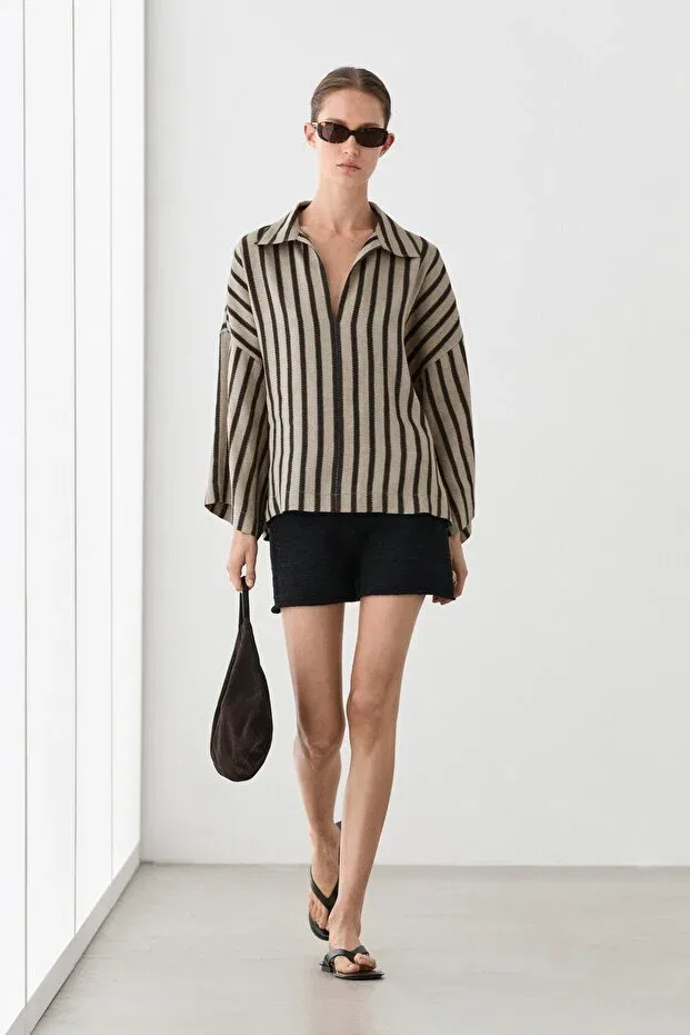 Женская рубашка оверсайз с принтом Massimo Dutti, Sand