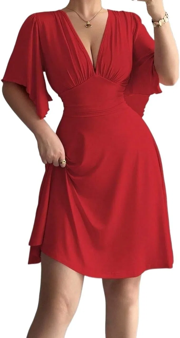 Женское мини-платье A-силуэта с драпировкой на груди Knitted, Red