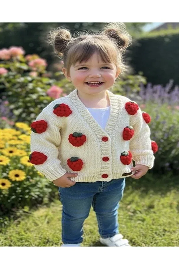 Детский кардиган для девочек с принтом Strawberry detailed hand knitted Nevalin, Ecru — фото 3