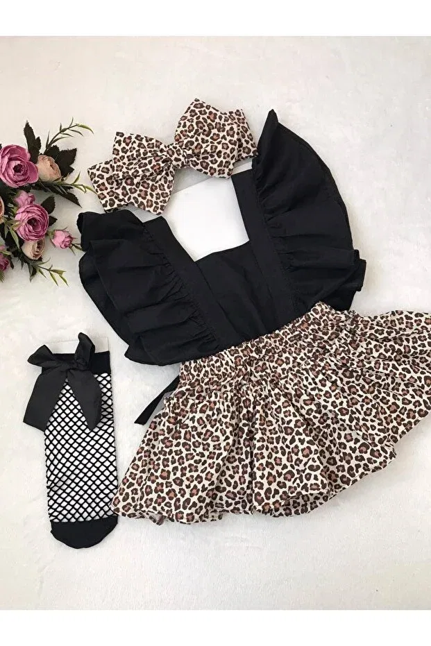 Детский комплект для девочек с принтом Leopard Bandana Socks Slopet Jumpsuit Dress Set Generic Brands, Черный