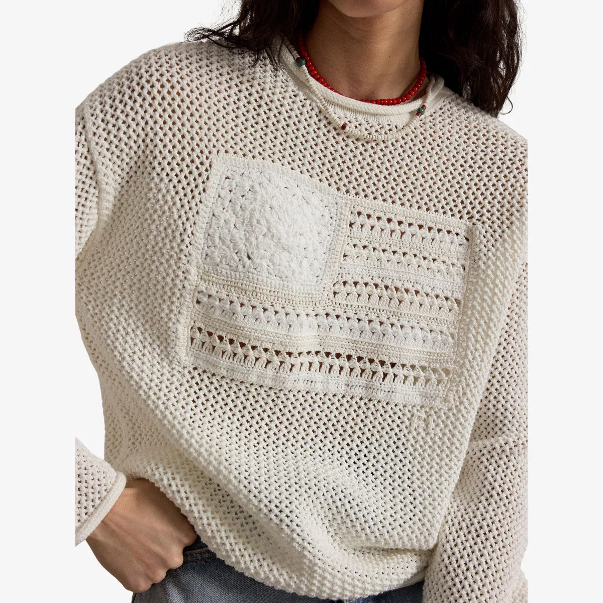 Хлопковый джемпер с ажурной вязкой «Флаг» Polo Ralph Lauren, белый/мультиколор — фото 4