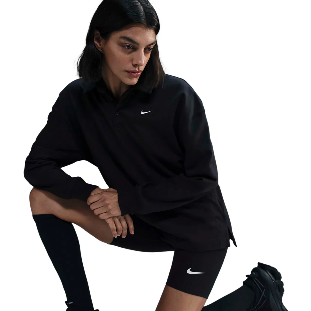 Женское поло Nike NSW Essential Oversize Long Sleeve Polo, цвет Black/Sail — фото 3