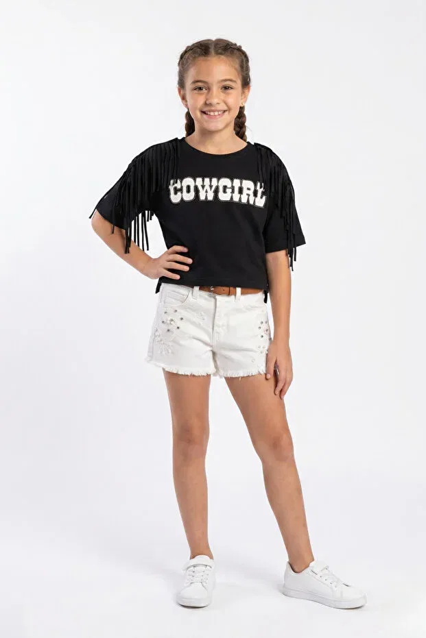 Детская футболка с принтом Tasseled Cowgirl Girl T-Shirt With Stones Escabel, Black — фото 2