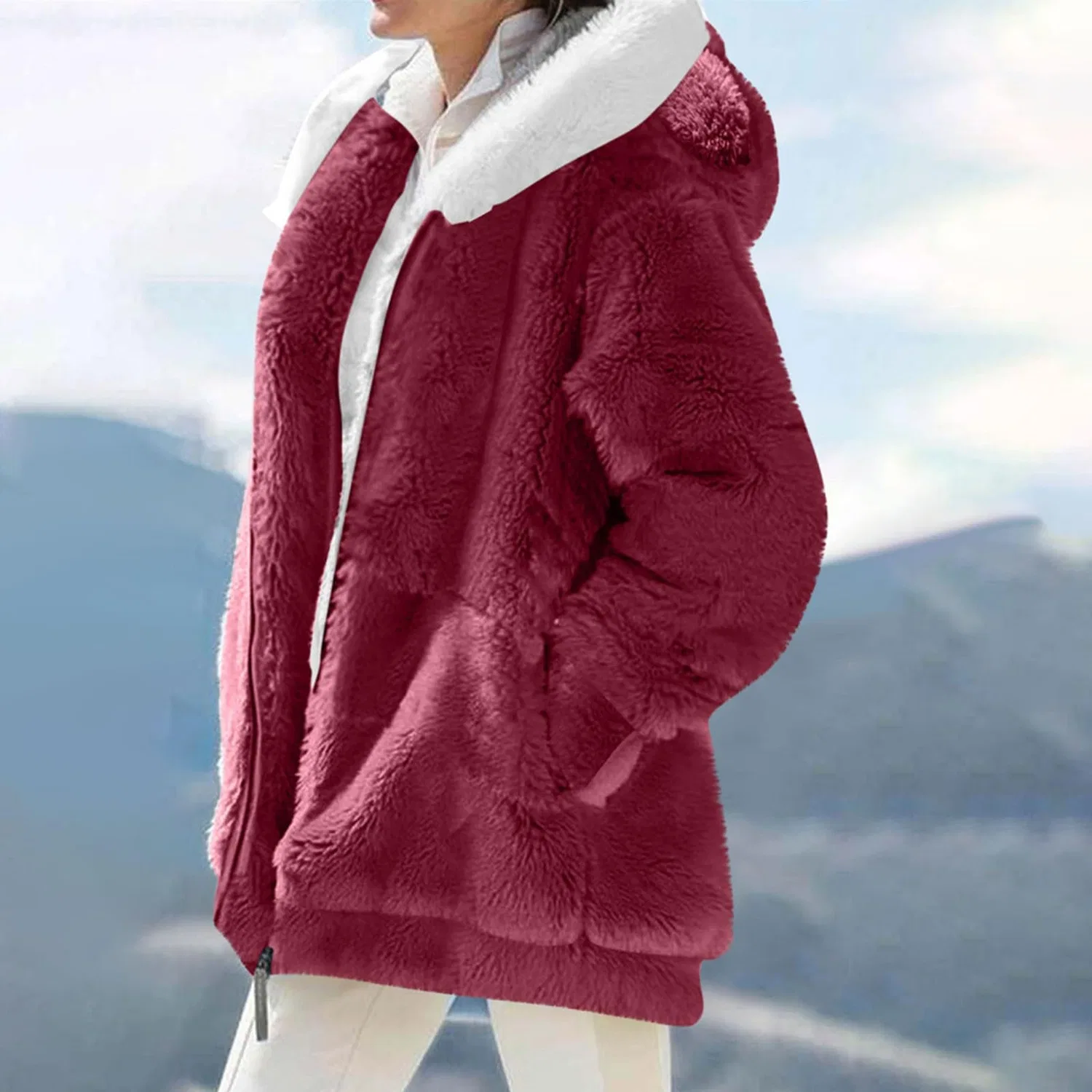 Женский флисовый жакет с принтом Faux Fur Cardigan Coat, vino — фото 3