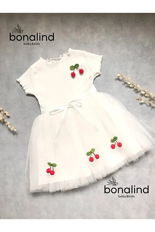 Детское платье для девочек с принтом White Tulle Cherry Girl's Dress Bonalind, White