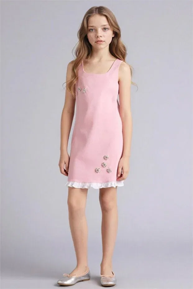 Детское платье для девочек с принтом Stone Detailed Strap Dress Defacto, Pink — фото 2
