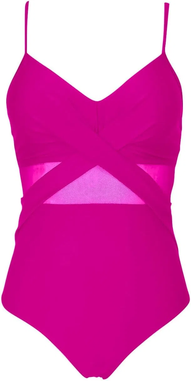 Женский купальник слитный с V-образным вырезом и сетчатыми вставками, Hot Pink