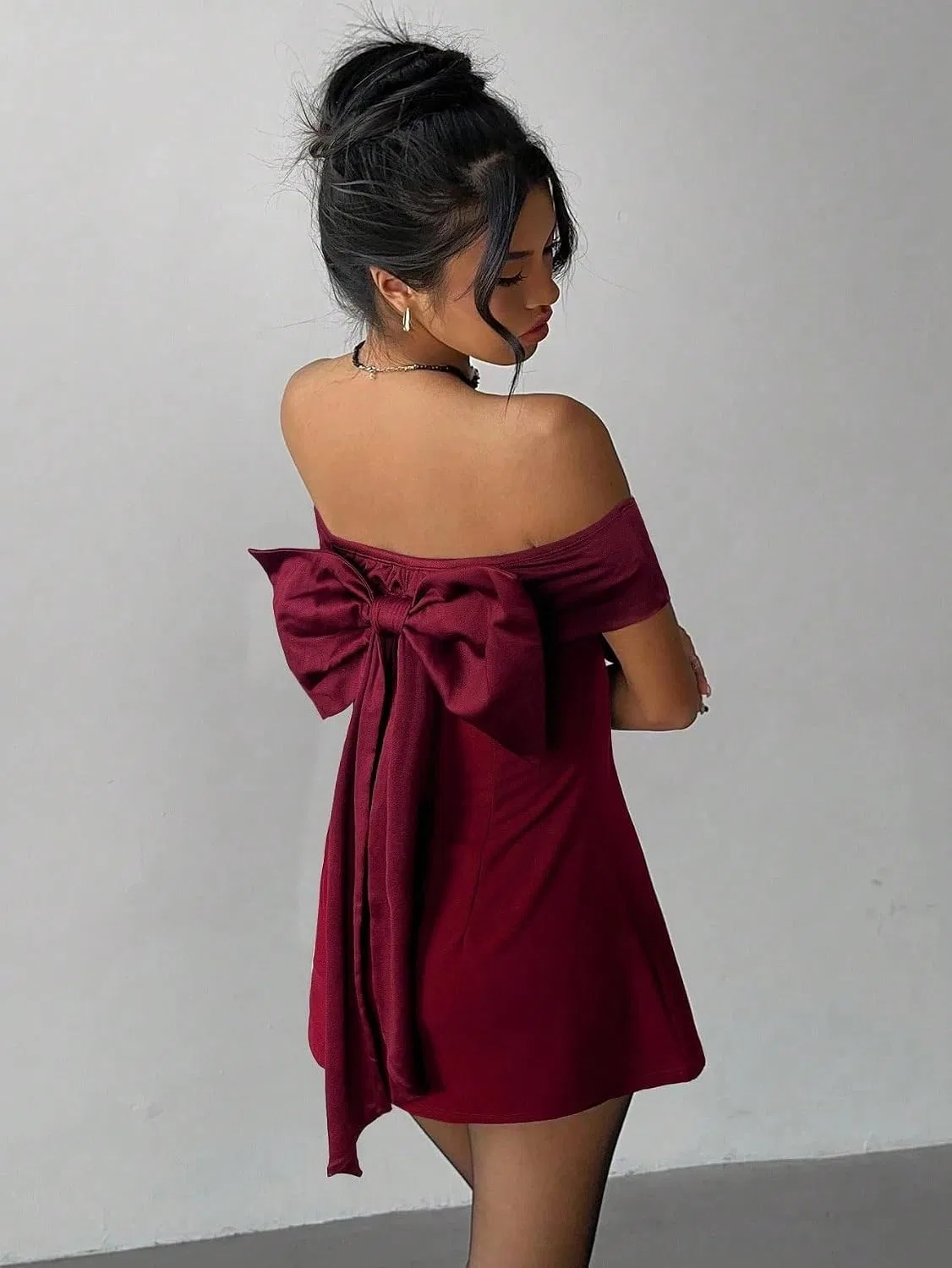Женское повседневное платье с открытыми плечами A-line, Burgundy — фото 2