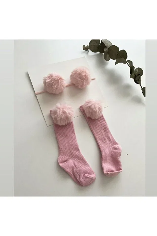 Детские носки с помпонами для девочек набор с банданой Özkardeşler Baby, Pink