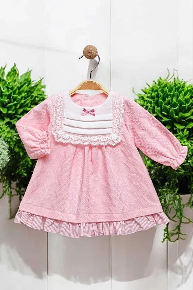 Детское платье для девочек с принтом Floral Embroidered Lace Detailed Bowknot Dress 0-2 Years Self-Patterned Fabric Dinamik Çocuk, Pink