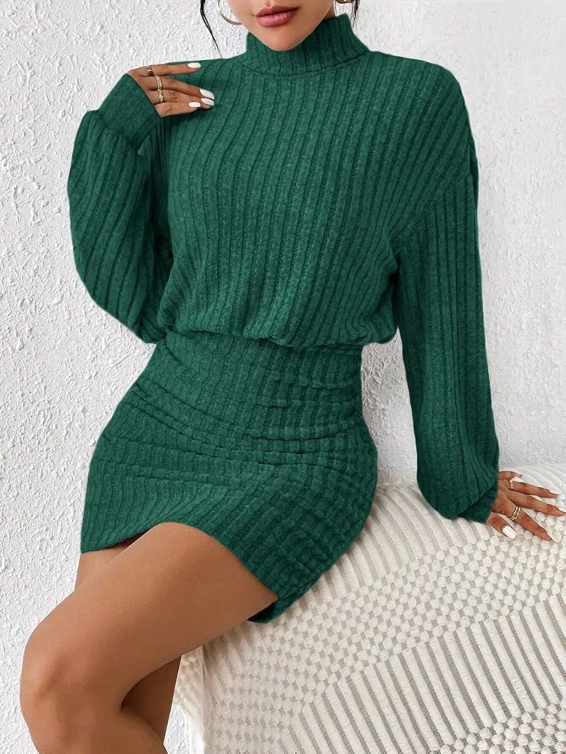 Женское платье миди с высоким воротником Ribbed Bodycon, Mint Green — фото 4