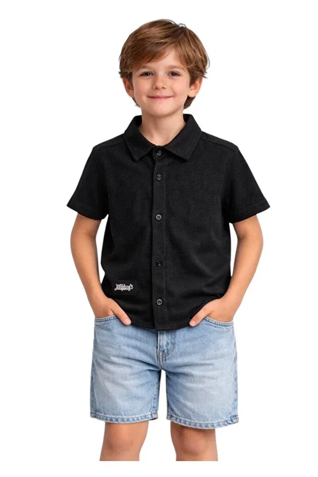 Детская рубашка для мальчиков вафельная с коротким рукавом Basics Erdem Kids, Black