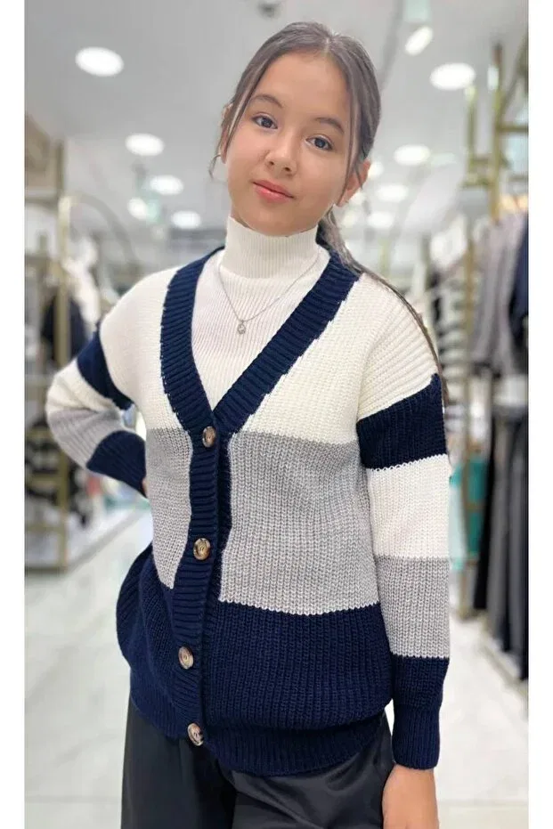 Детский кардиган для девочек вязаный Colorful Girl's Cardigan Minimoda Kids, Navy Blue — фото 2