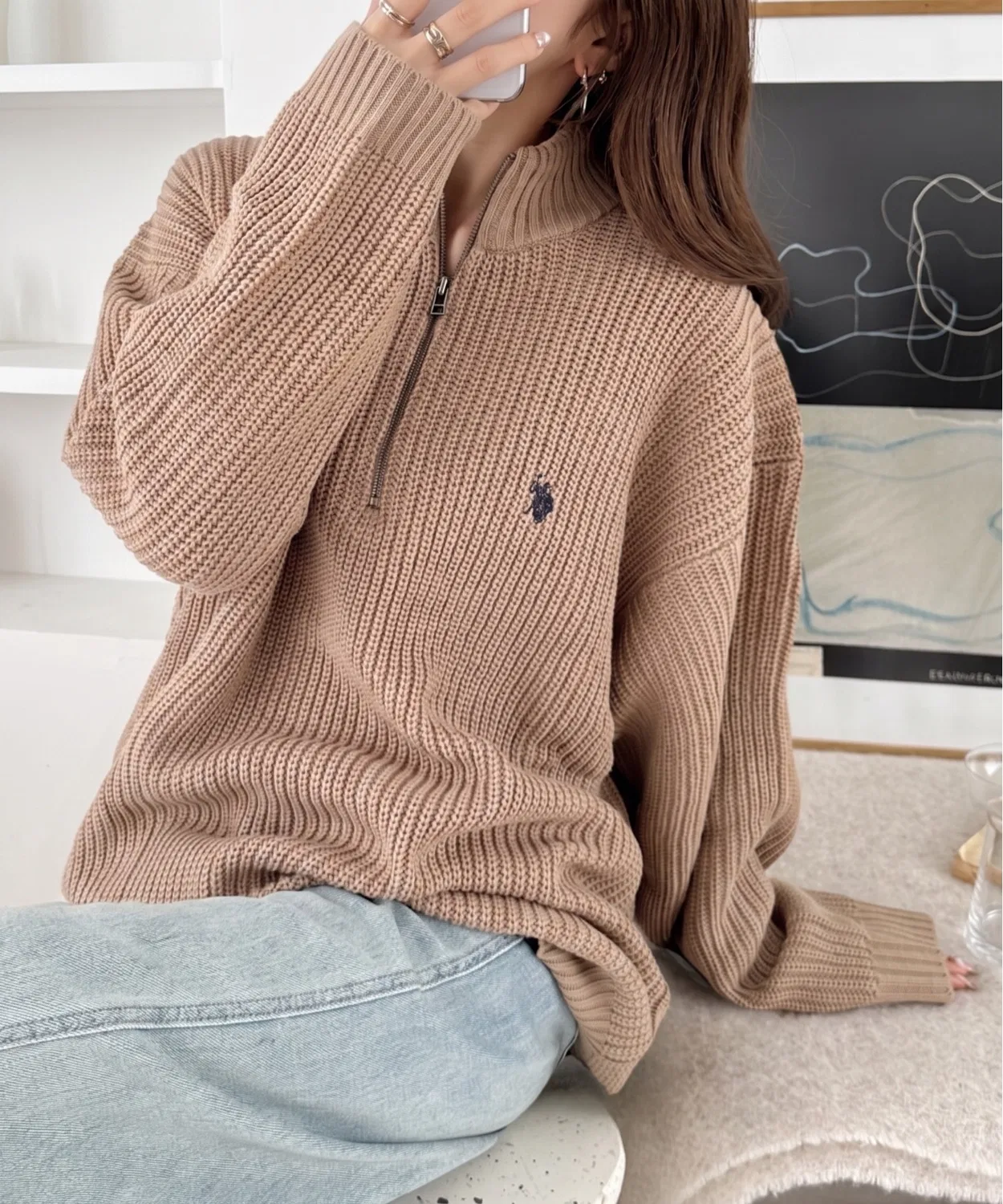 Мужское/Женское полузамкнутый свитер с длинным рукавомU.S. POLO ASSN., Beige