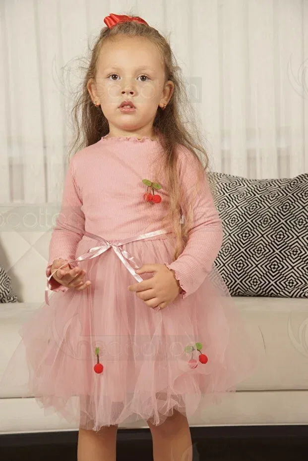 Детское платье для девочек с длинным рукавом Flexible and cherry tulle lined dress Neocotton, Long-Rose — фото 3
