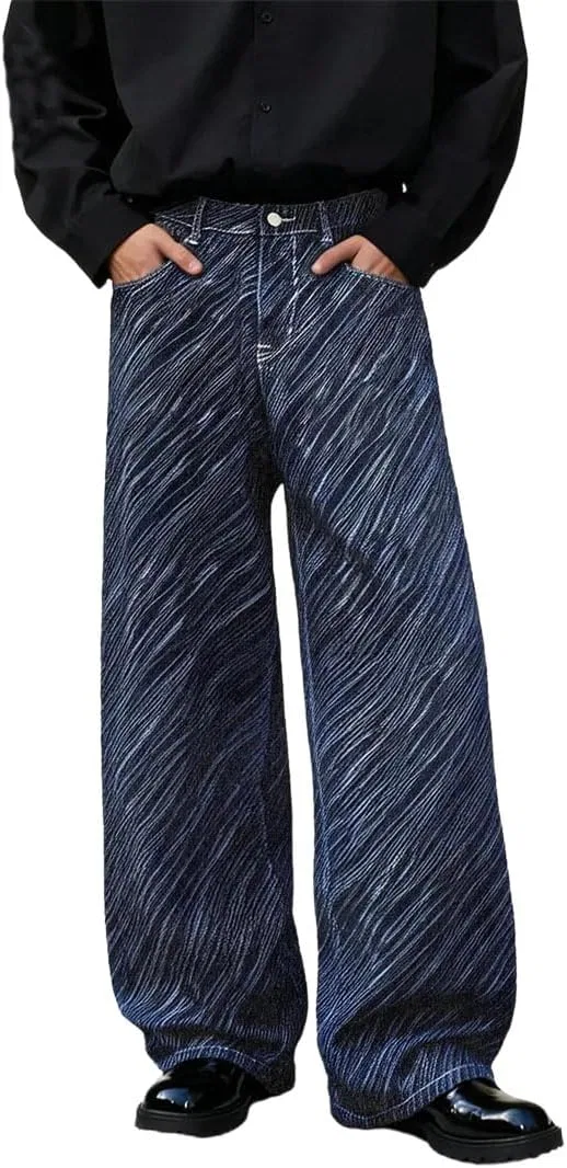 Джинсы, полосатые, Men's Japanese Korean Wave Stripe Jeans Baggy Straight Retro Casual Denim Pants, Blue