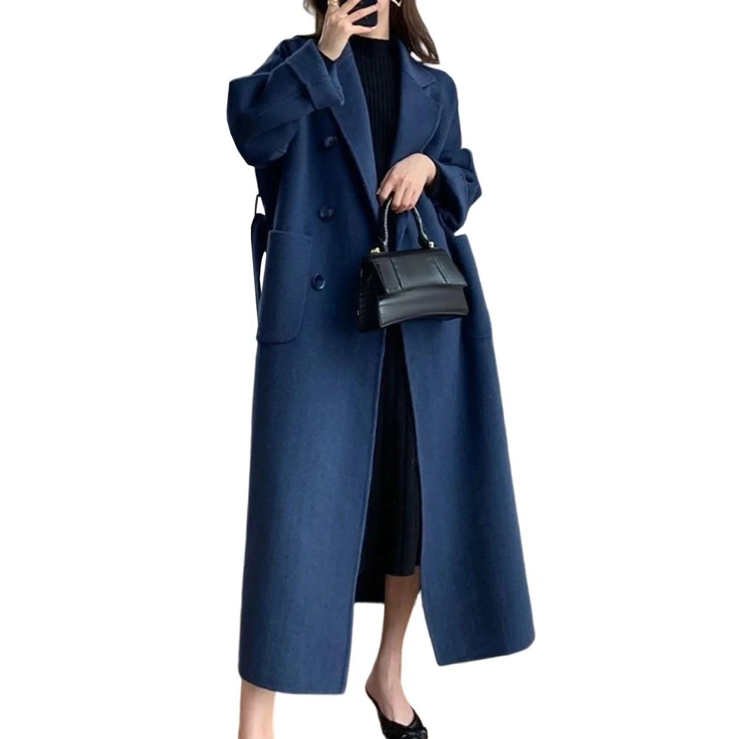 Женское двубортное пальто с поясом из шерстяной смеси, blue navy