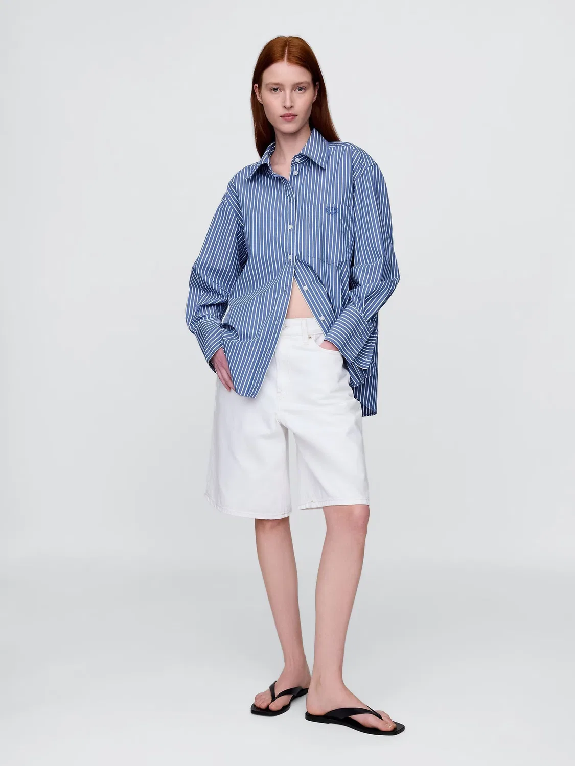Рубашка оверсайз, полосатая, Poplin Oversized Shirt Gap, синяя полоска — фото 3