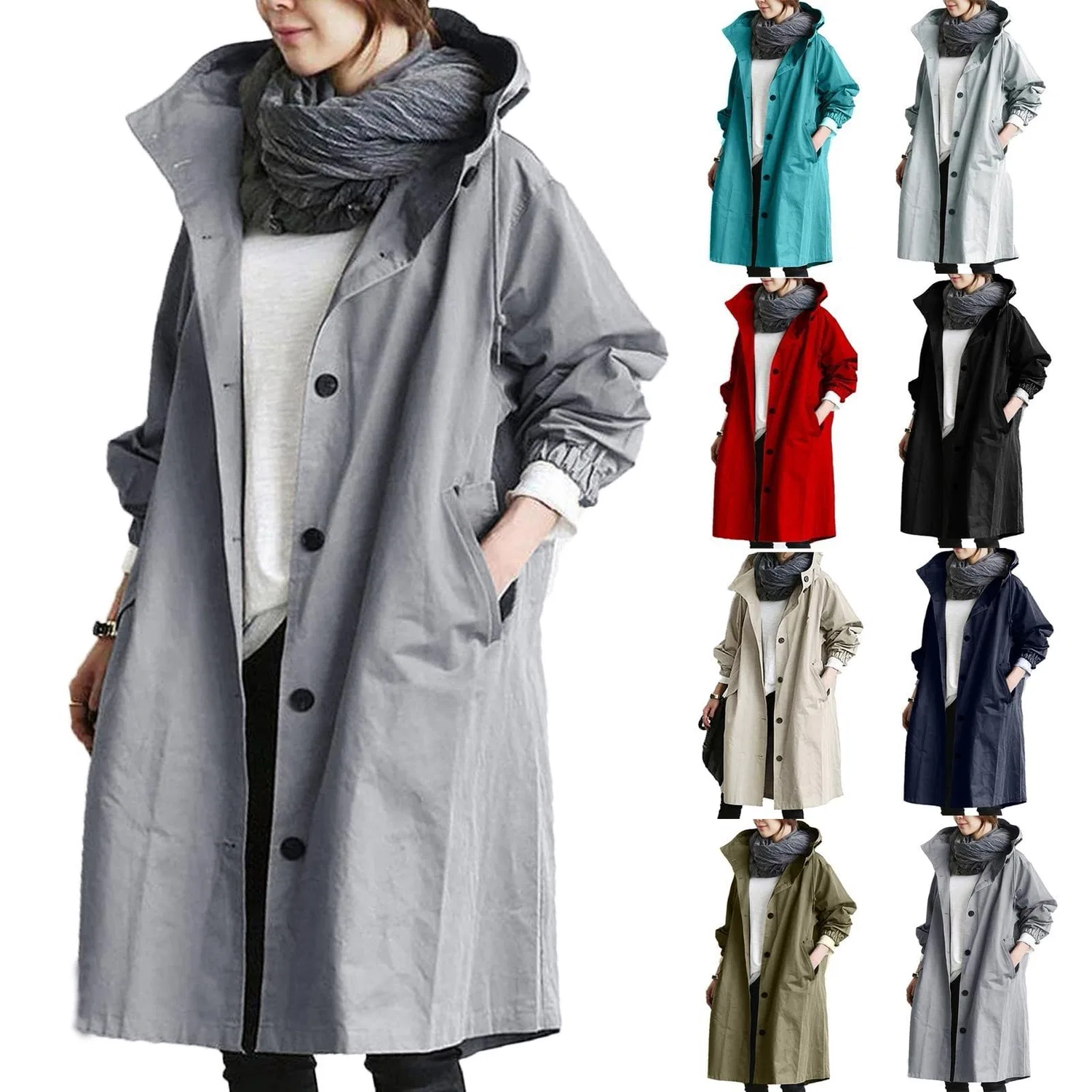 Женское ветровка с капюшоном длинное пальто-тренч с длинным рукавом, Verde militare