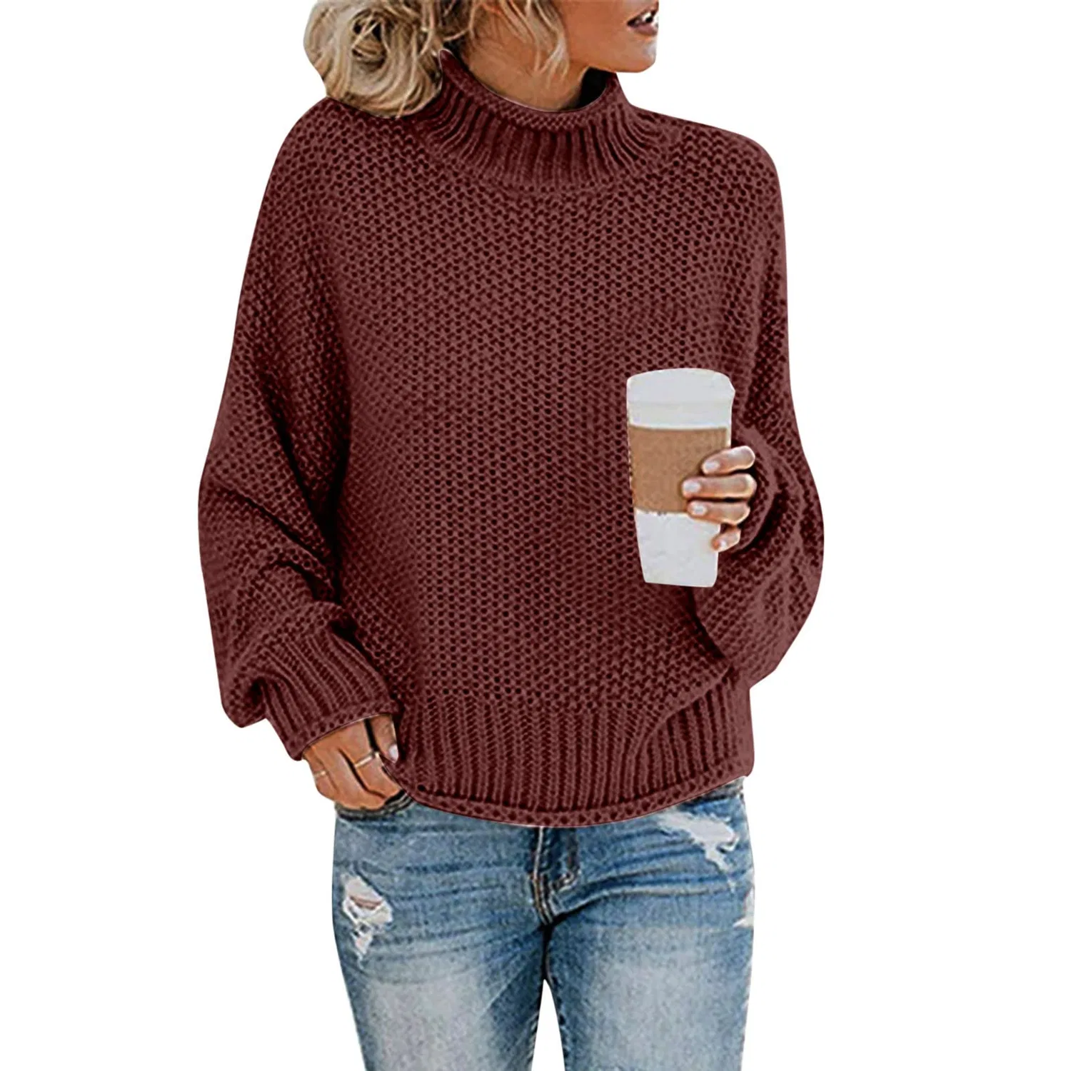 Женский свитер оверсайз с длинным рукавом Plain Crew Neck Solid Loose Fit Winter Sweaters, Wine — фото 2