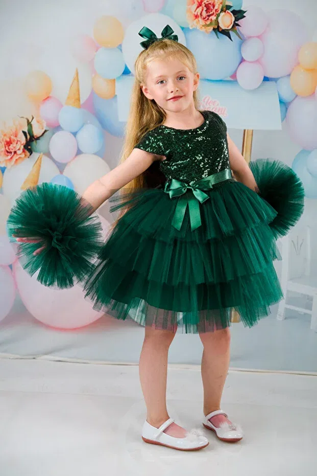 Детское платье для девочек с помпонами Delfini Kids, Green — фото 4