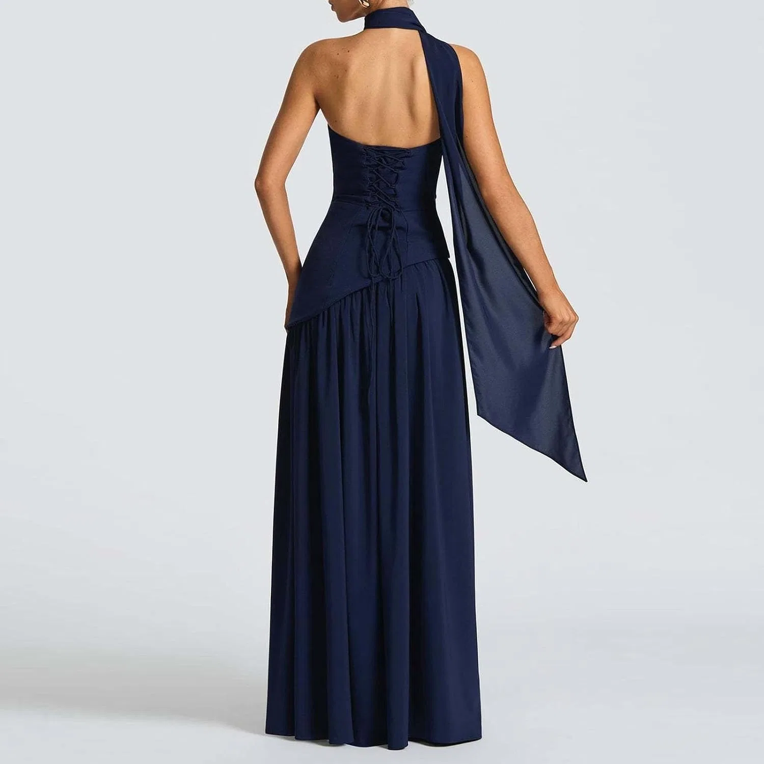 Женское вечернее платье из атласа с запахом, модель Elegant Satin Halter Gown, синий — фото 3