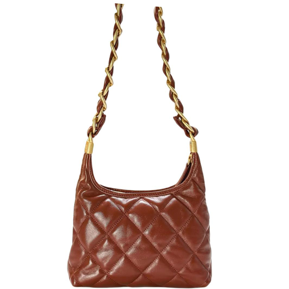 CHANEL Полированная сумка-хобо из ягненка, женская маленькая коричневая — фото 3