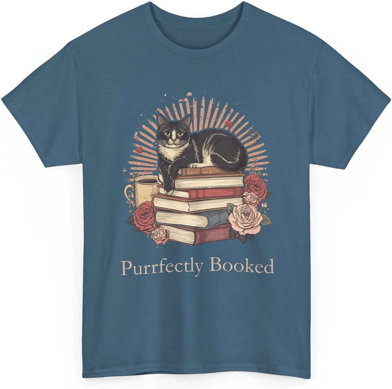 Женская футболка с принтом Purrfectly Booked Cat Stack of Books, индиго/синий