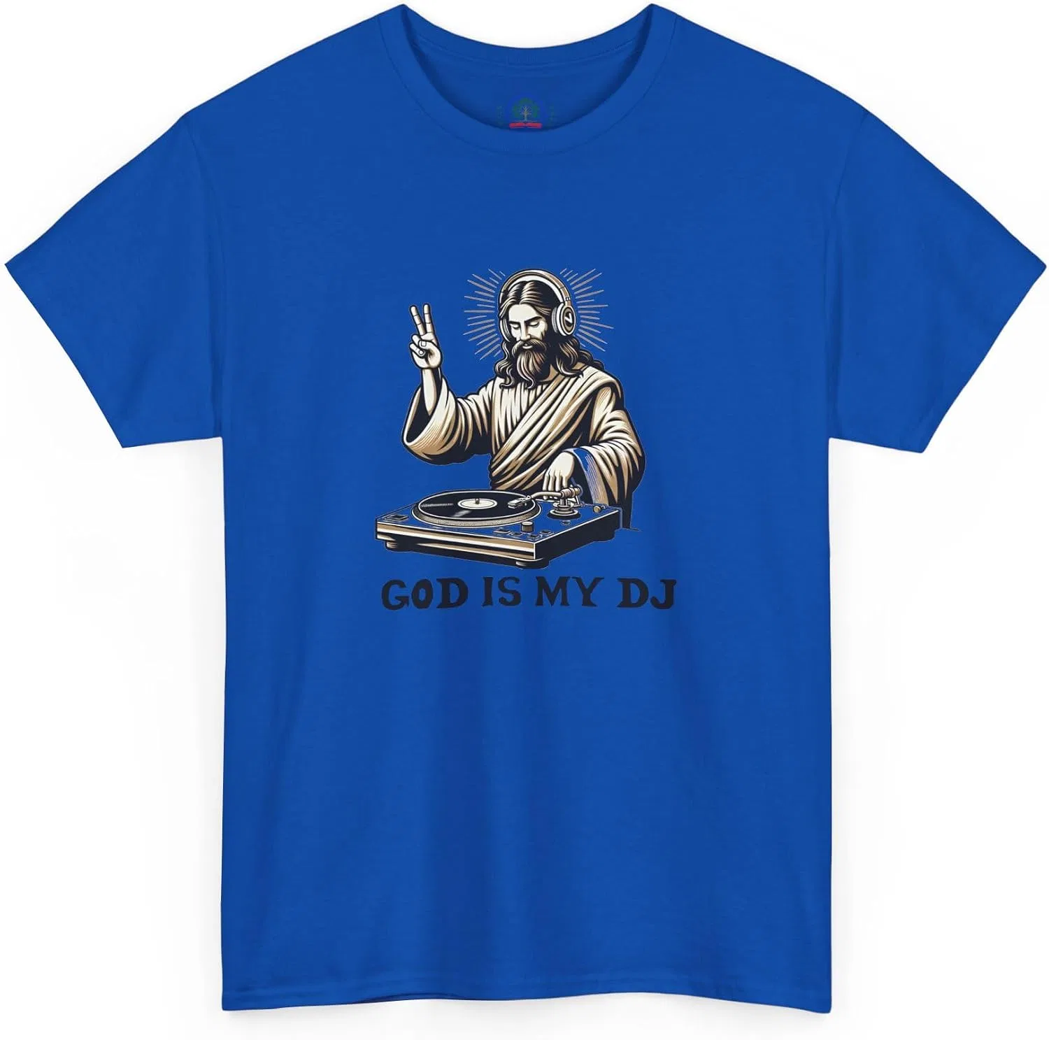 Мужская футболка с принтом God is My DJ, неоново-синий — фото 3