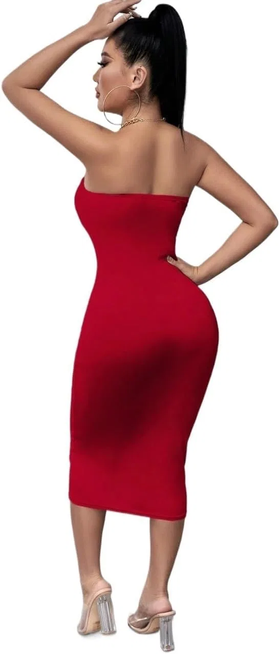 Женское миди-платье bodycon, асимметричное, без бретелек, Red — фото 3