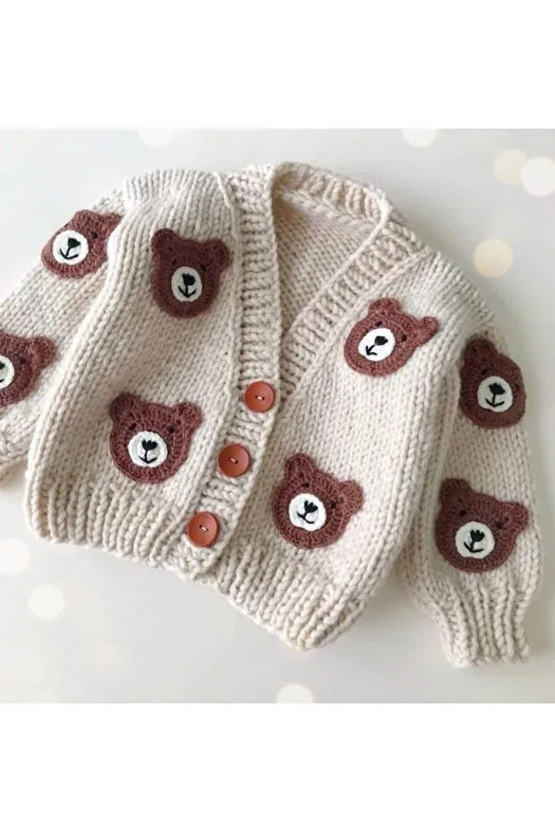 Детский кардиган для мальчиков с принтом Hand Knitted Bear El Örgüsü, Cream