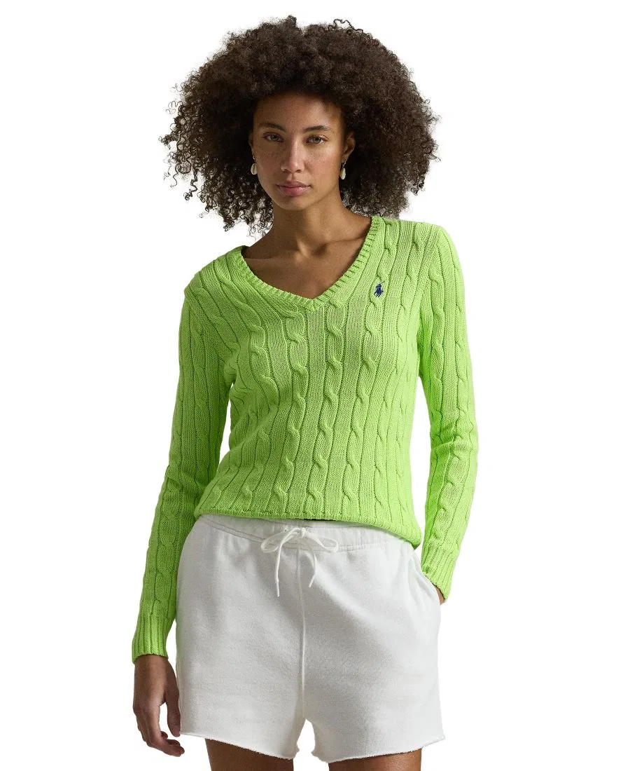 Свитер с V-образным вырезом из хлопка с косами Polo Ralph Lauren, Bright Leaf