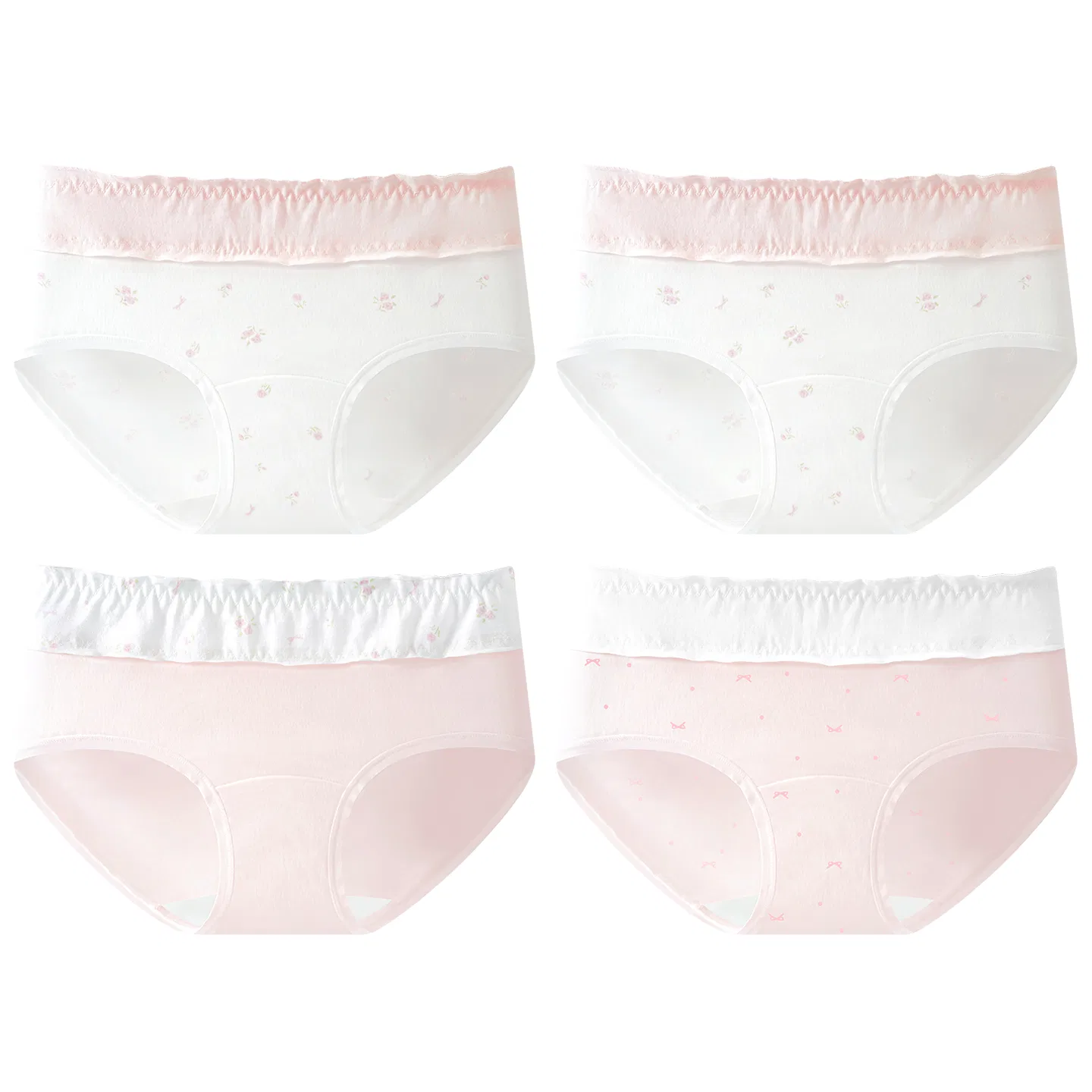 Детские трусы для девочек хлопковые с принтом Red bean, Fresh Floral Print Sweet Style, Цвет: 4 fresh pink bows + fresh pink + off-white flowers *2