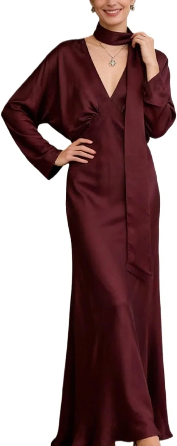 Женское вечернее платье макси с V-образным вырезом, Wine Red