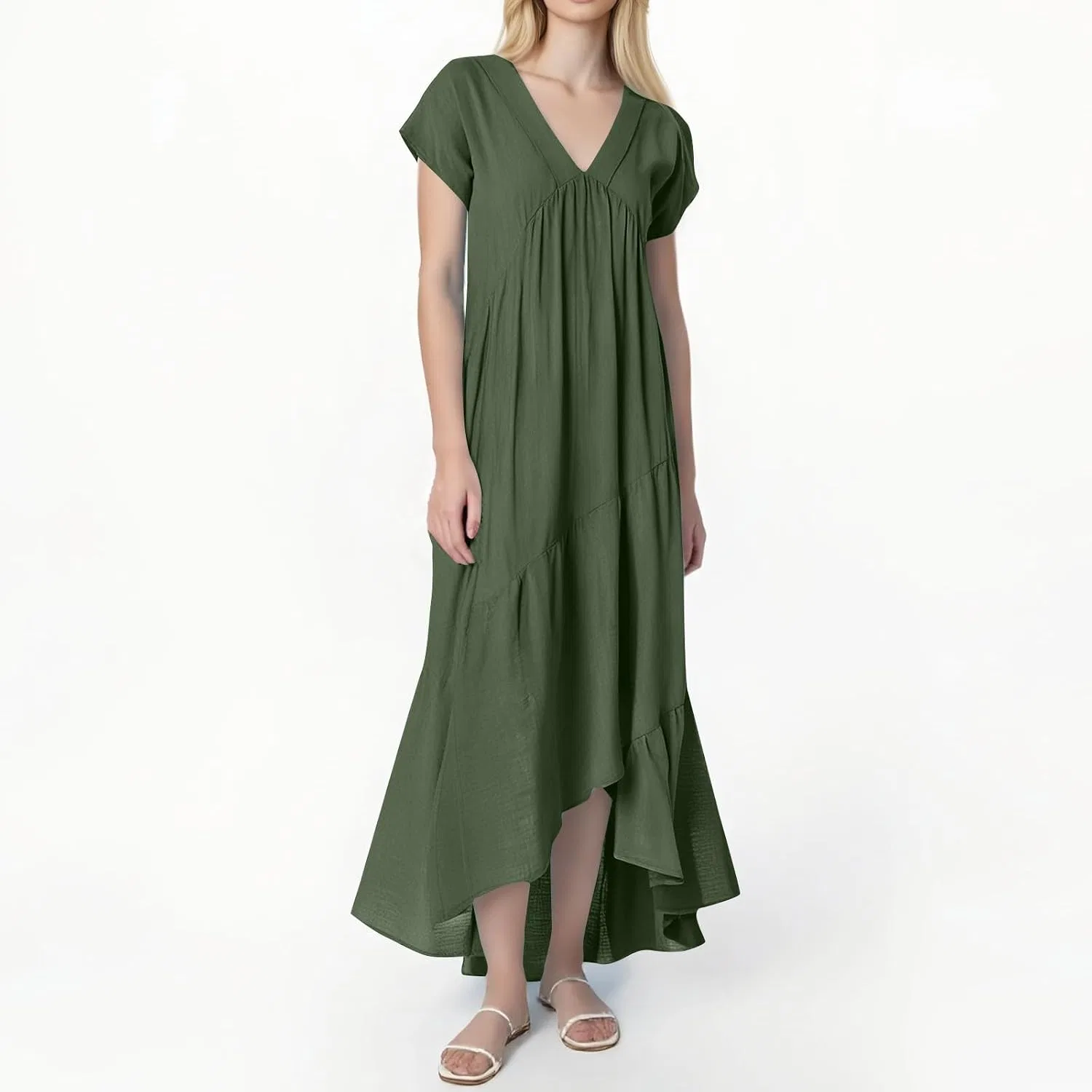 Женское макси-платье с V-образным вырезом асимметричное, Army Green — фото 4