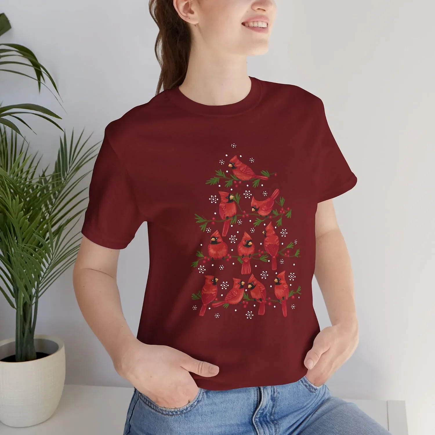Футболка с принтом кардиналов и дерева Bella+canvas 3001, Cardinal — фото 4