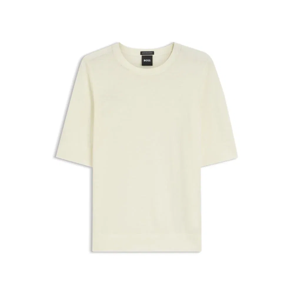 Женский пуловер с коротким рукавом из мериносовой шерсти BOSS, Light Beige