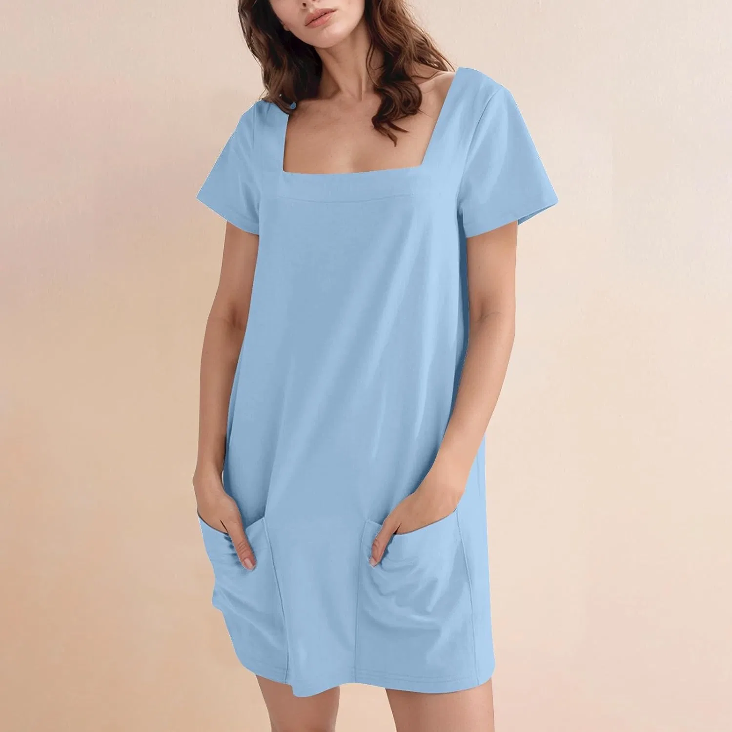 Женское мини-платье с квадратным вырезом и карманами, Sky Blue — фото 3