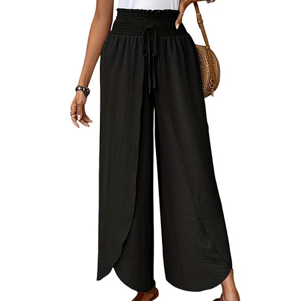 

Женские брюки с высокой талией и широкими штанинами, завязкой на поясе и асимметричным подолом Joyjoy, Black