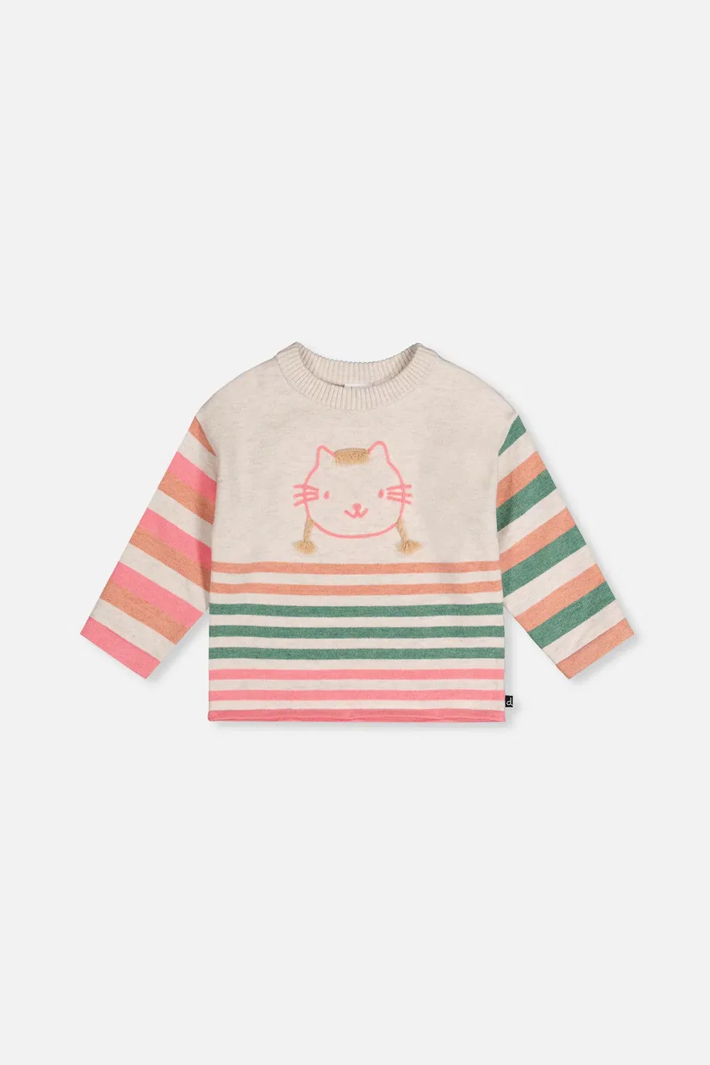 Детский свитер с длинным рукавом с аппликацией кота Knitted Stripe Sweater Deux par Deux, Off-White