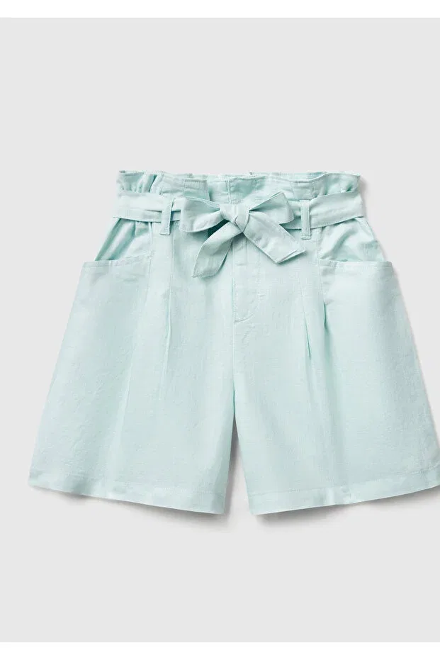 Детские шорты для девочек льняные с поясом United Colors Of Benetton, Water Green