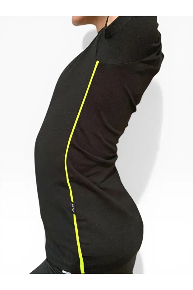 Детская футболка для девочек хлопковая Black Cotton Lycra T-Shirt With Neon Yellow Piping She Can Wear, Black — фото 2