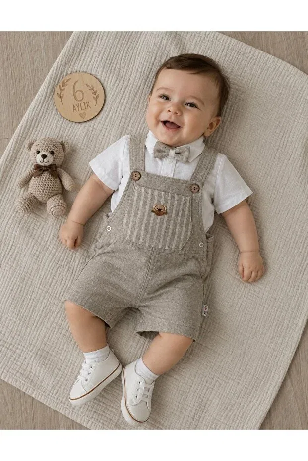 Детский комбинезон с принтом Teddy pocket detailed baby boy bow tie linen salopet set Aki Moda Kids, Beige — фото 2