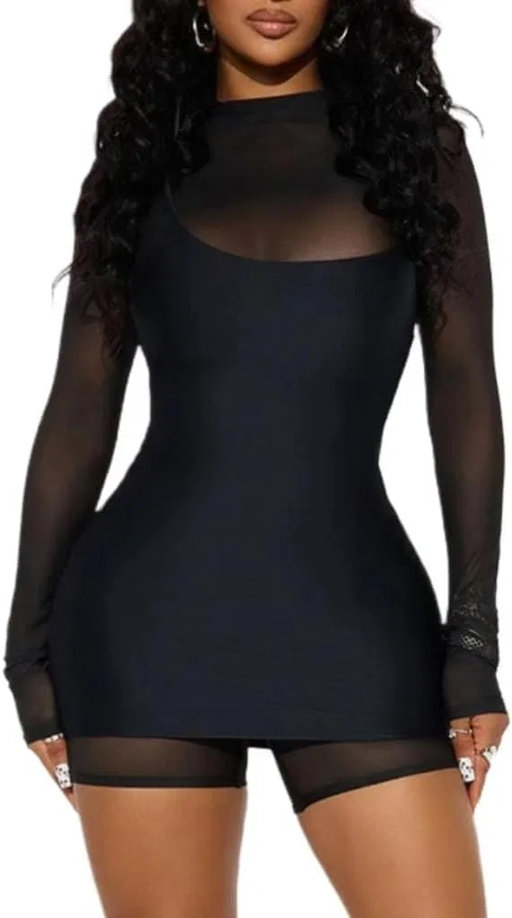Женское облегающее платье с длинным рукавом из сетки Two Piece Set, Black
