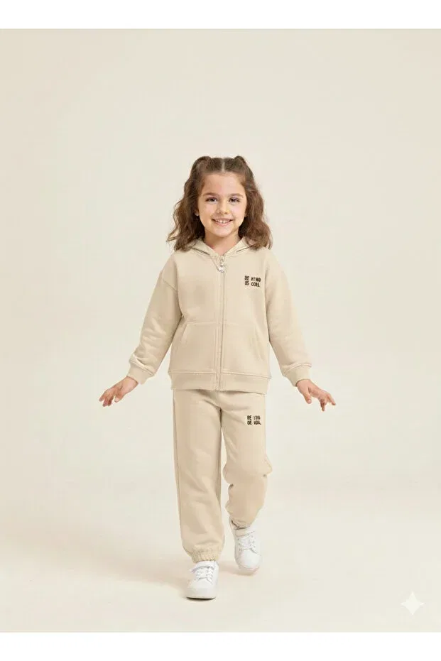 Детский комплект спортивного костюма для девочек с капюшоном Oliven The Kid, Beige