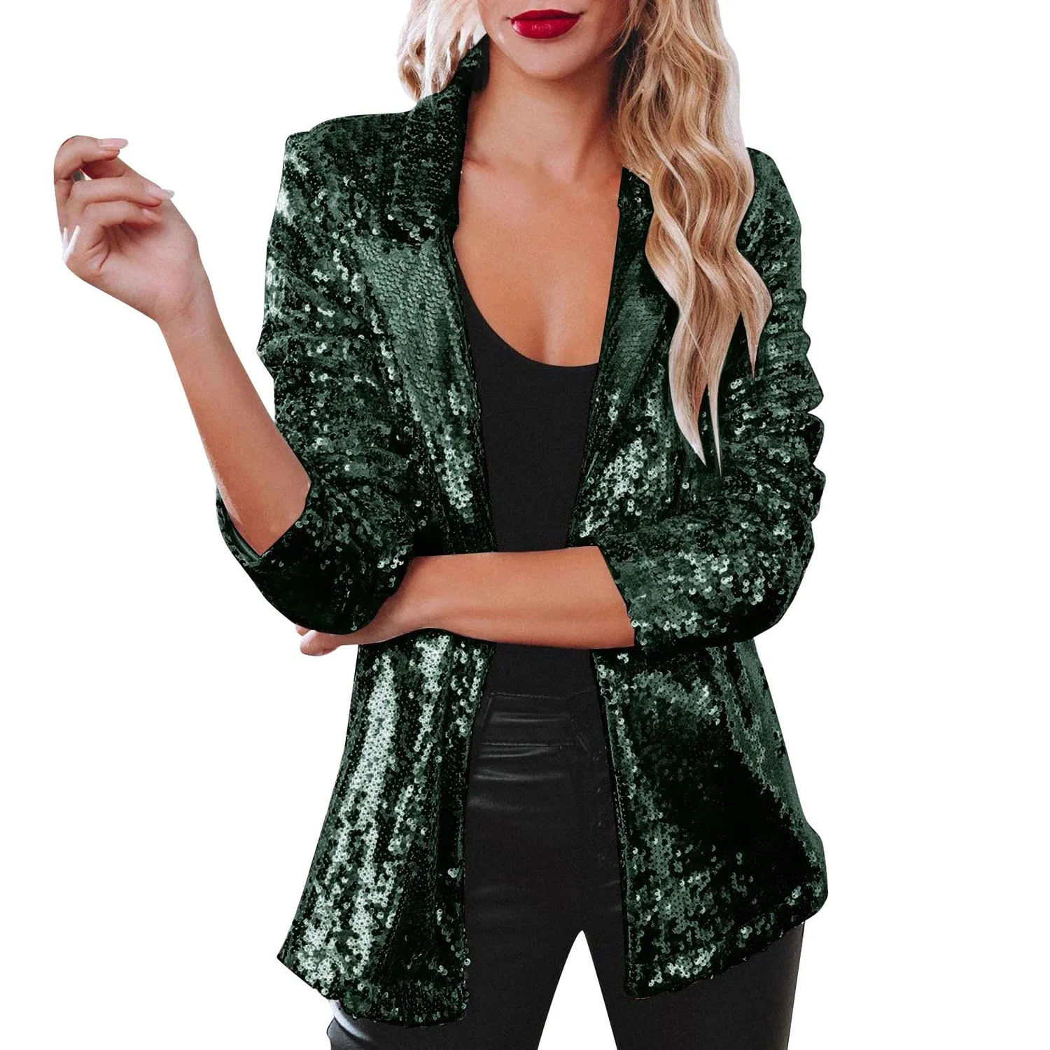 Женское пальто с пайетками и длинным рукавом, verde