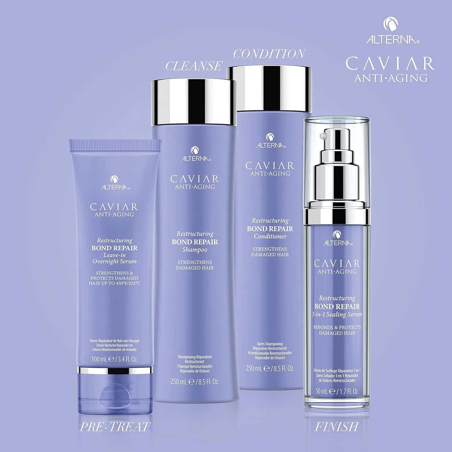 Шампунь Alterna CAVIAR Anti-Aging Restructuring Bond Repair | Для ломких, поврежденных волос и волос с секущимися кончиками | Восстанавливает, укрепляет и защищает поврежденные волосы | Без сульфатов — фото 3