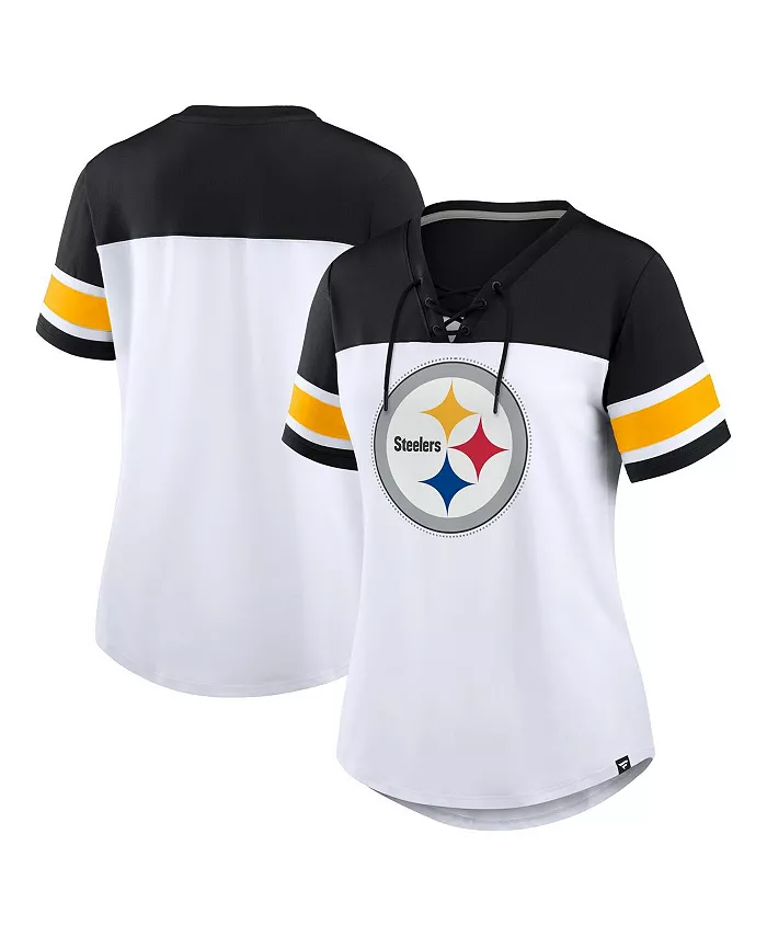 

Женская белая/черная футболка Pittsburgh Steelers Athena со стразами и шнуровкой, V-образным вырезом Fanatics