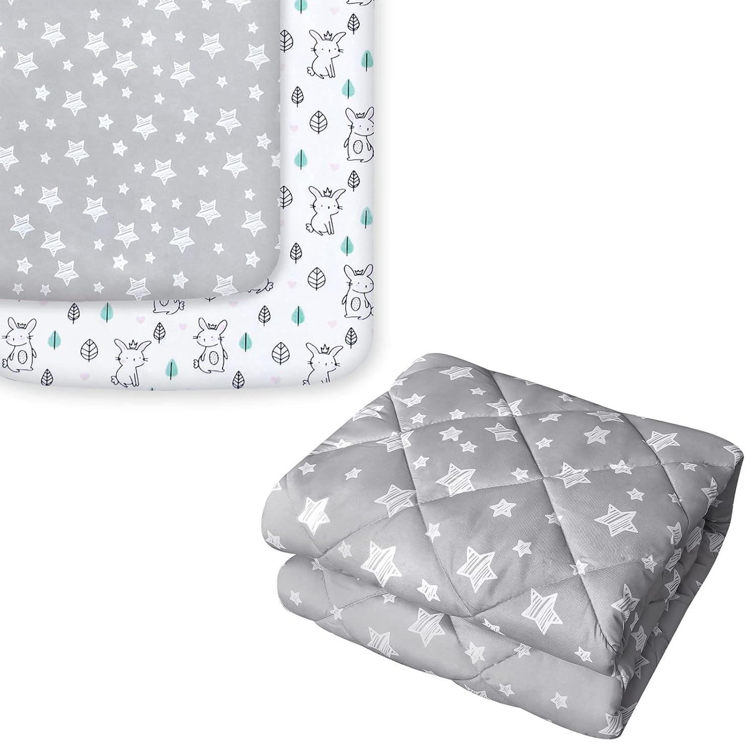 

Простыни Pack and Play, 2 комплекта эластичных простыней Pack n Play Playard, альтернативное легкое пуховое одеяло со звездами и кроликом, серый принт со звездами, 39x47 дюймов Moonsea, Gray