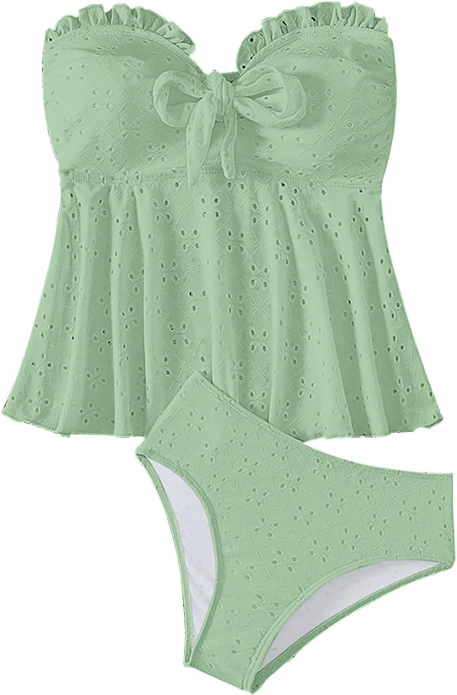 Женский танкини-комплект с рюшами, бандо, Off Shoulder, Green — фото 4